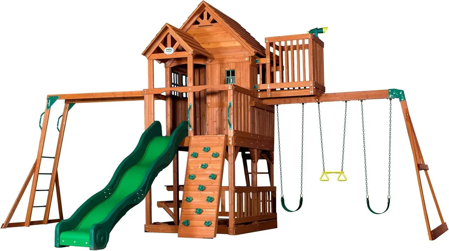 II Cedar Wood Swing Set with Wave Slide, Raised Clubhouse