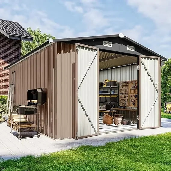 10x12 FT Outdoor Storage Shed with Floor Foundation & Lockable Double Doors