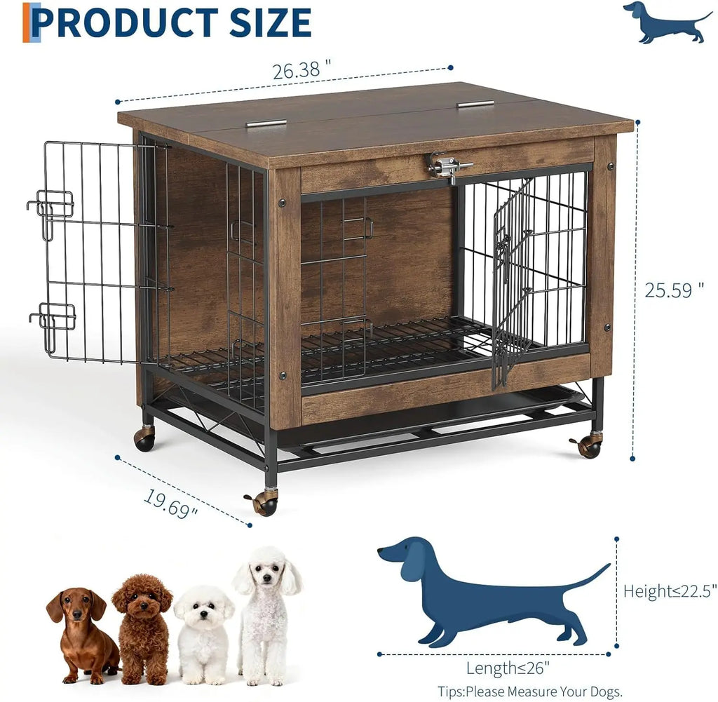 Rustic Dog Crate with Wheels 26in Heavy Duty Metal