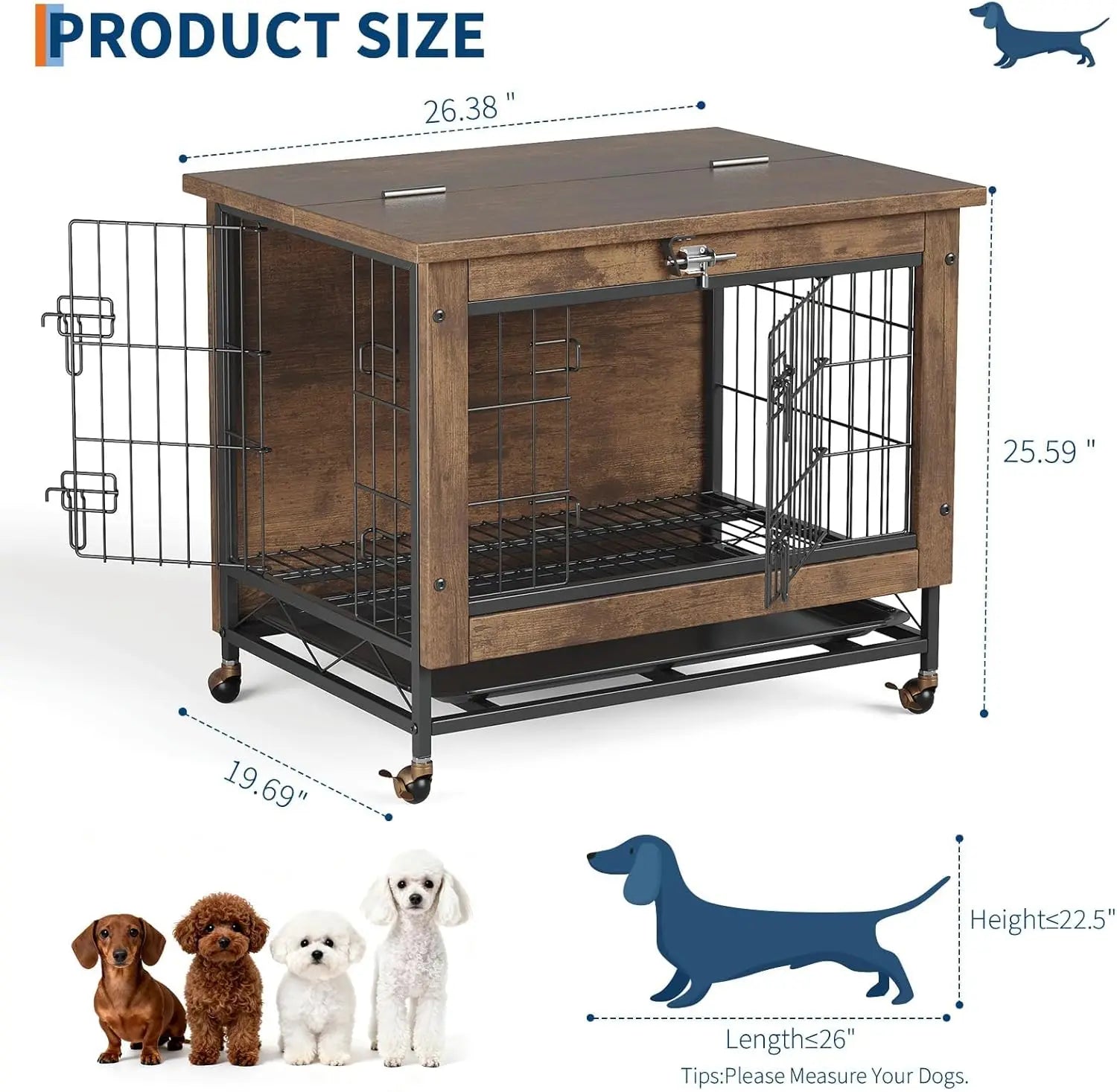 Rustic Dog Crate with Wheels 26in Heavy Duty Metal