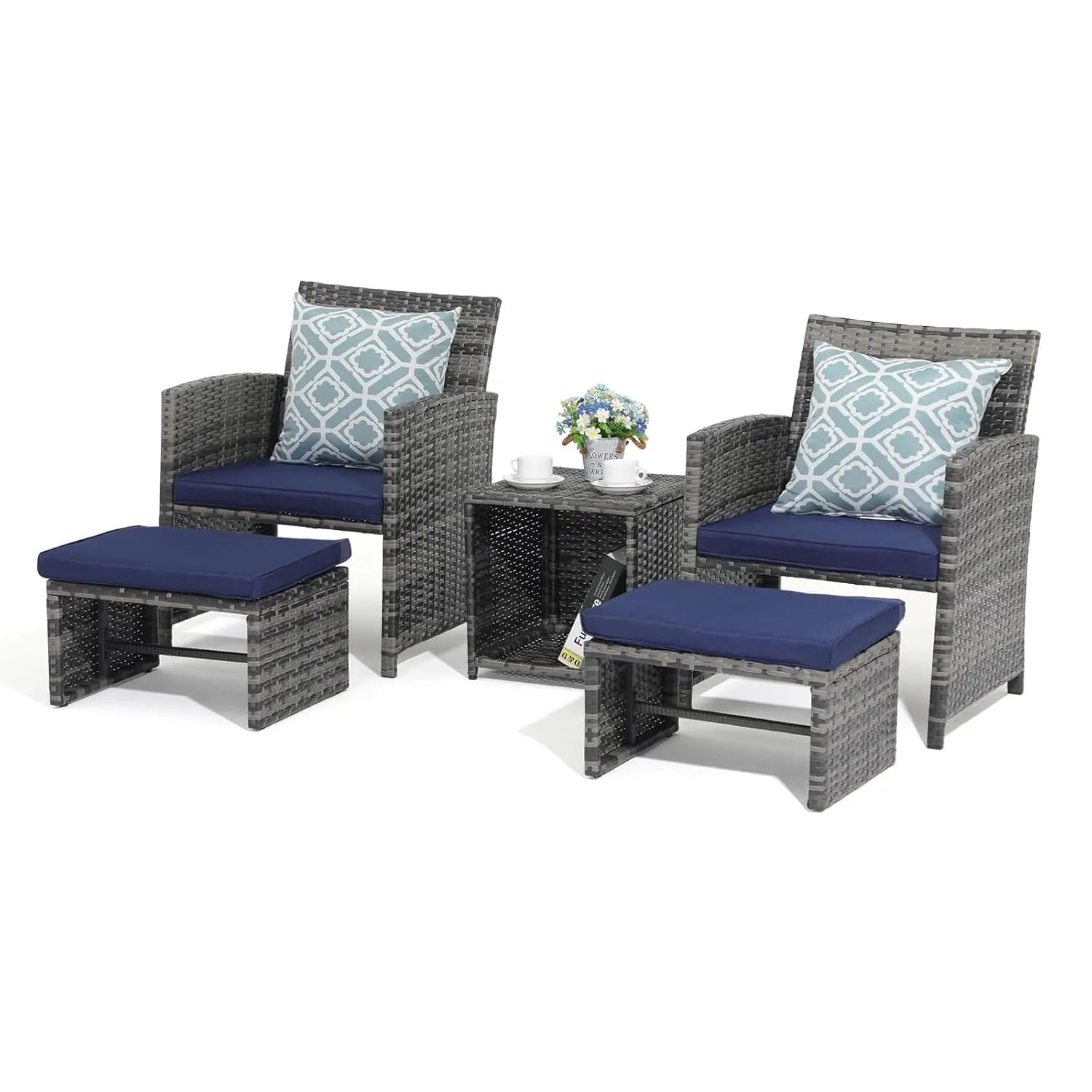 5 Piece Patio Set, Wicker Outdoor Conversation Chair and Ottoman