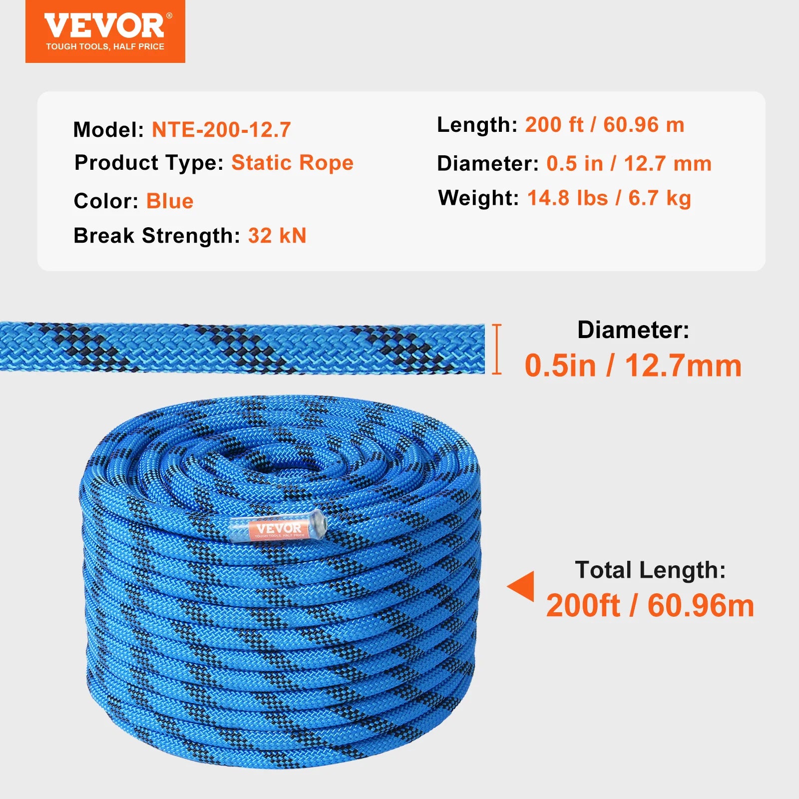 12.7mm Static Climbing Rope 200ft Outdoor with Steel Snap Hooks
