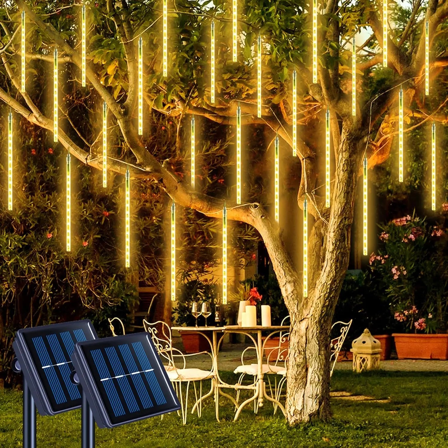 2 Pack Solar Meteor Shower Lights, 16 Tube LED Warm White, Waterproof