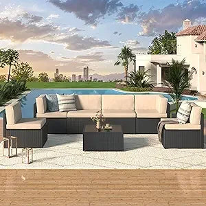 7 Piece Outdoor Patio Furniture Set, Rattan Wicker with Tea Table