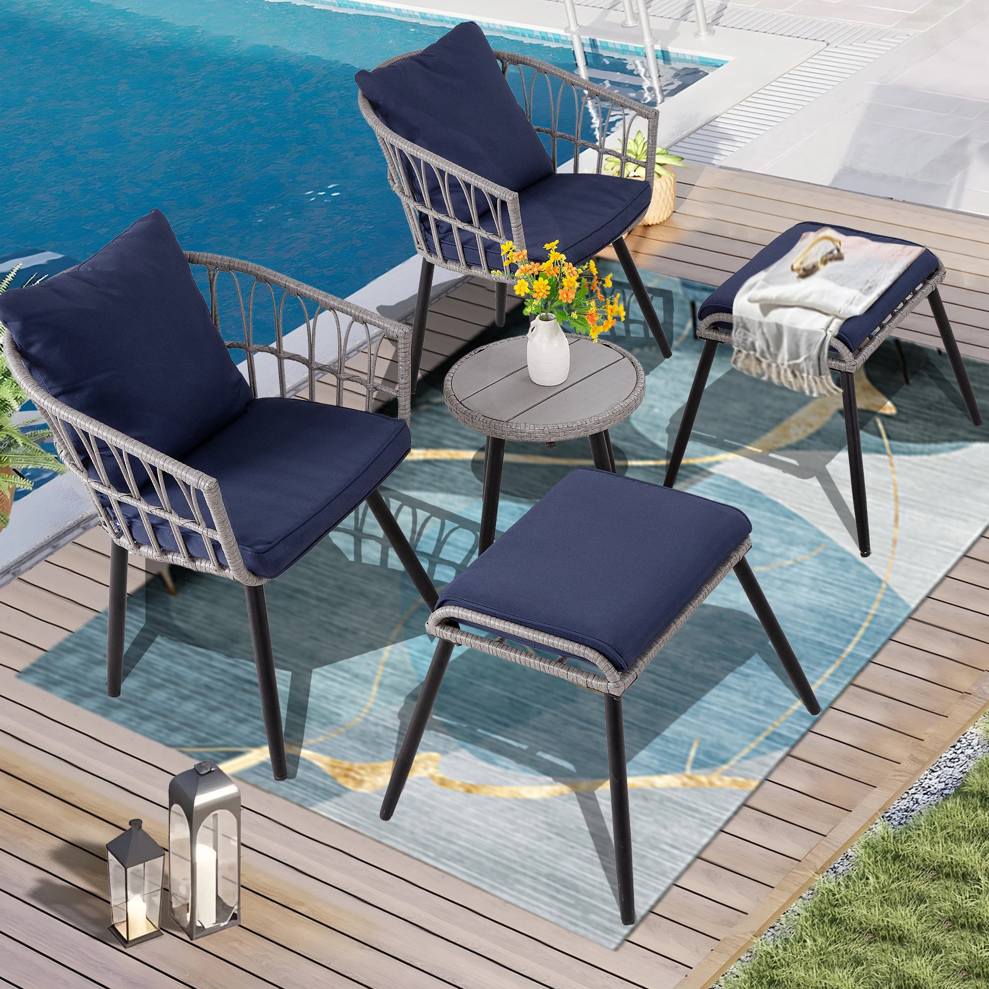 5 Piece Patio Furniture Set, Outdoor Wicker Small Bistro Set