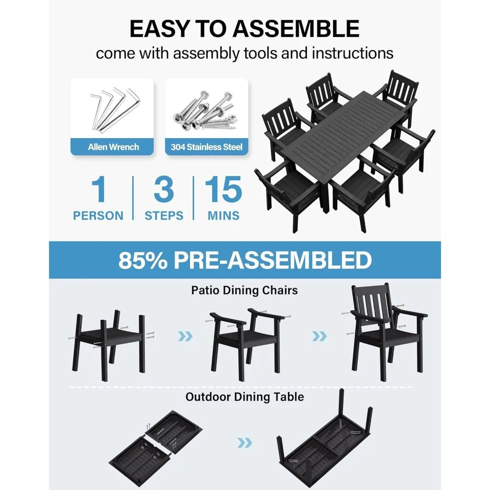 Patio 7 Piece Table and Chairs Dining Furniture, In Black Plastic