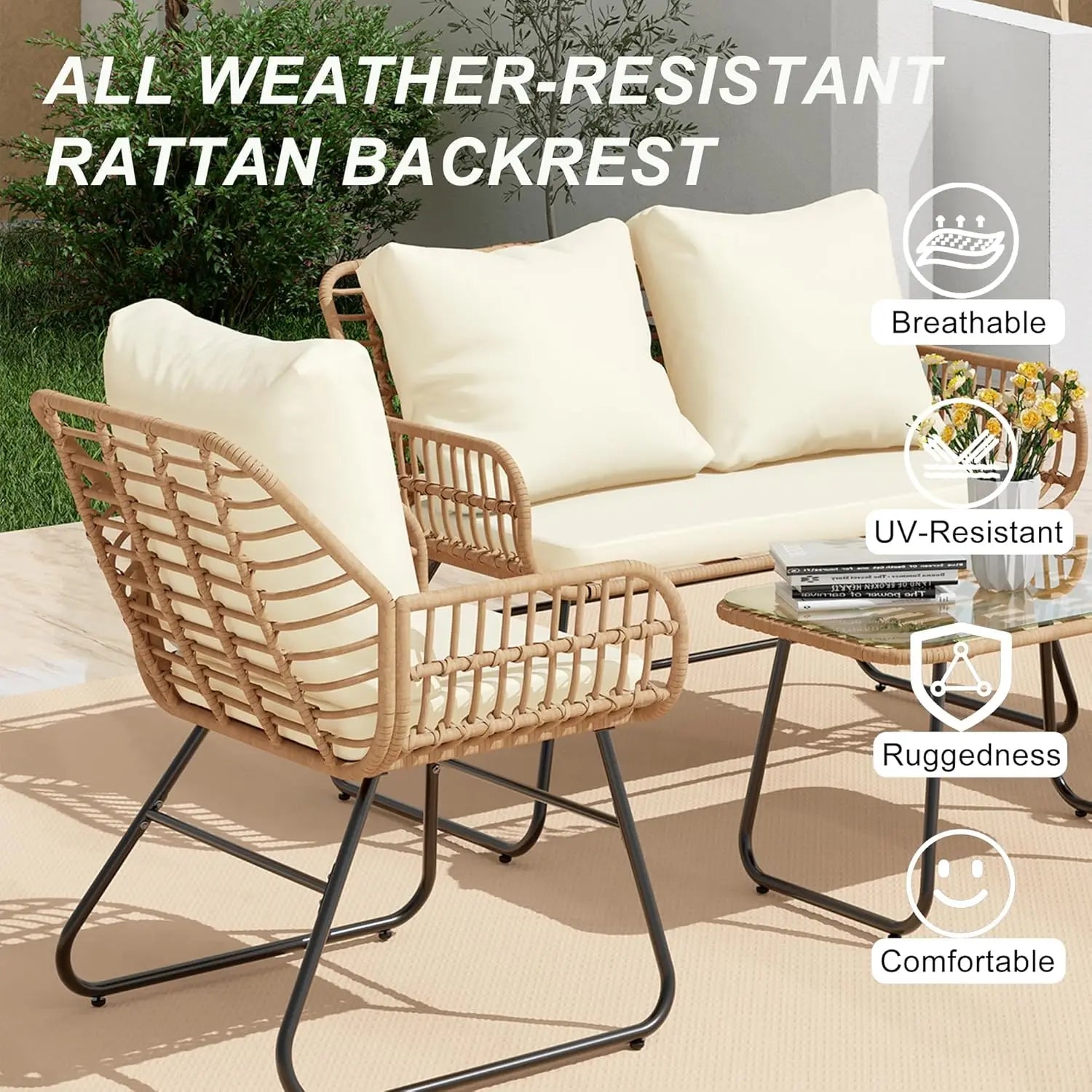 4-Piece Outdoor Patio  Set with Cushions & Tempered Glass Table