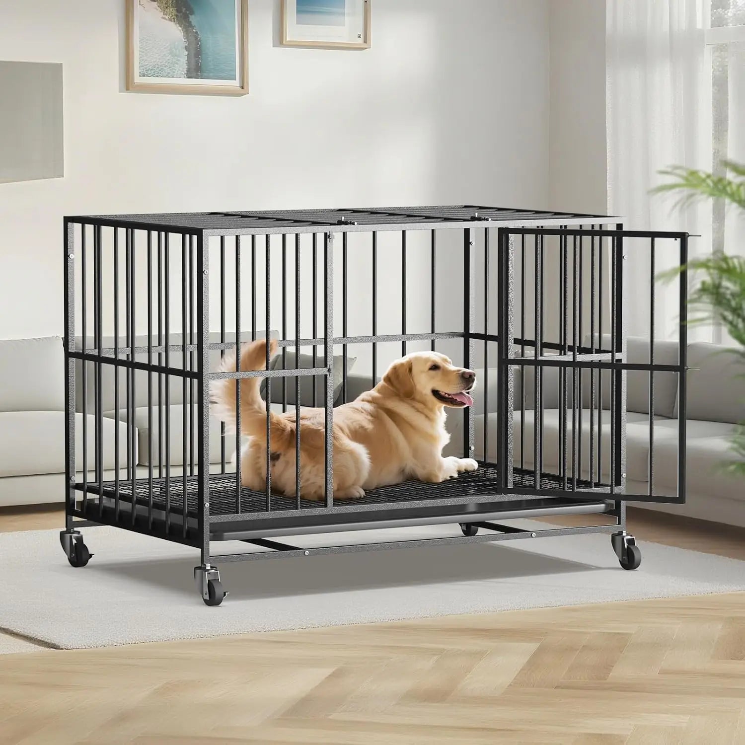 48 Inch Heavy Duty Dog Crate, Steel Escape Proof