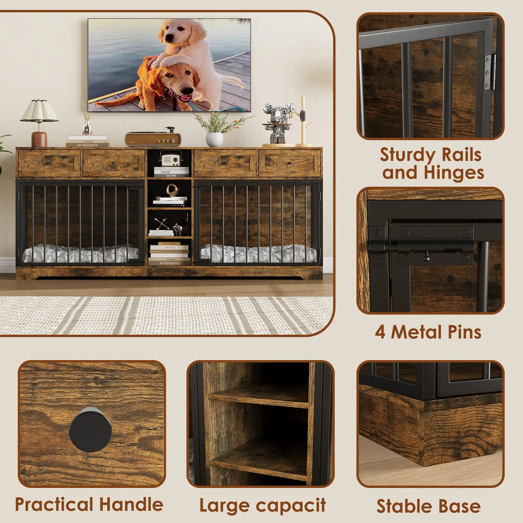 82'' Large Double Dog Crate Furniture TV Stand With 4 Drawers