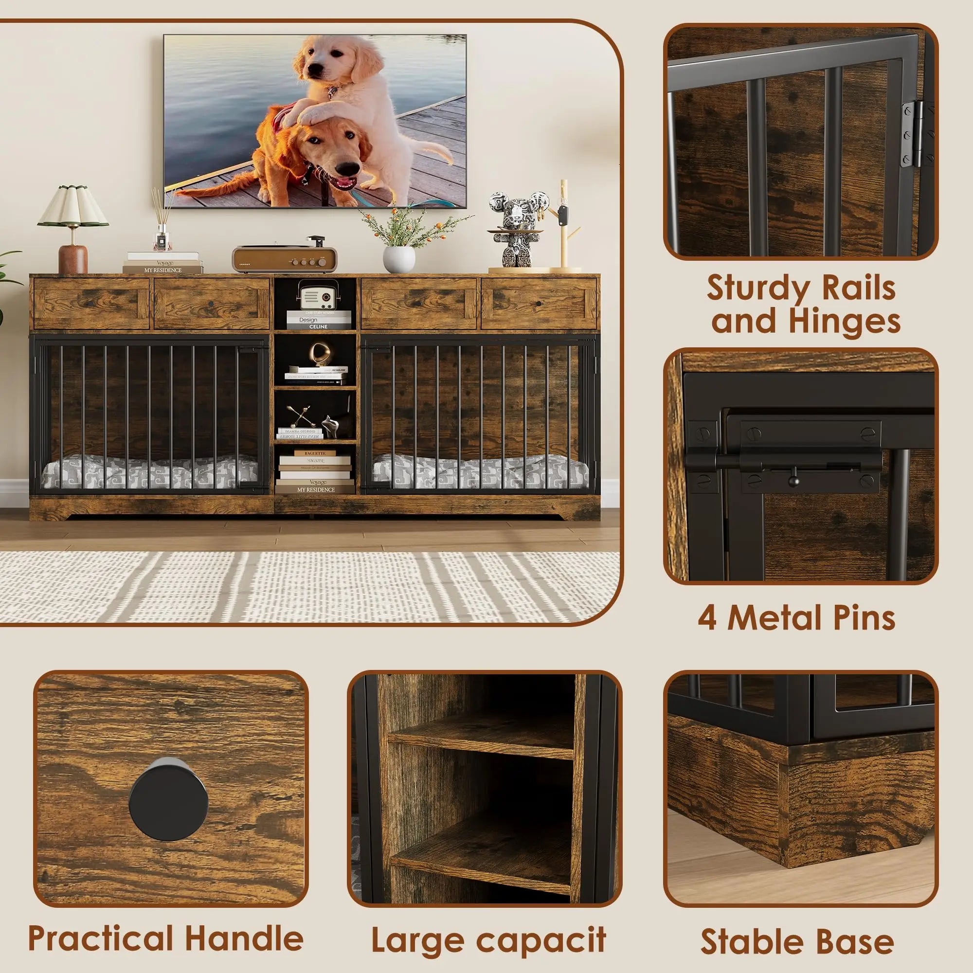 82'' Large Double Dog Crate Furniture TV Stand With 4 Drawers