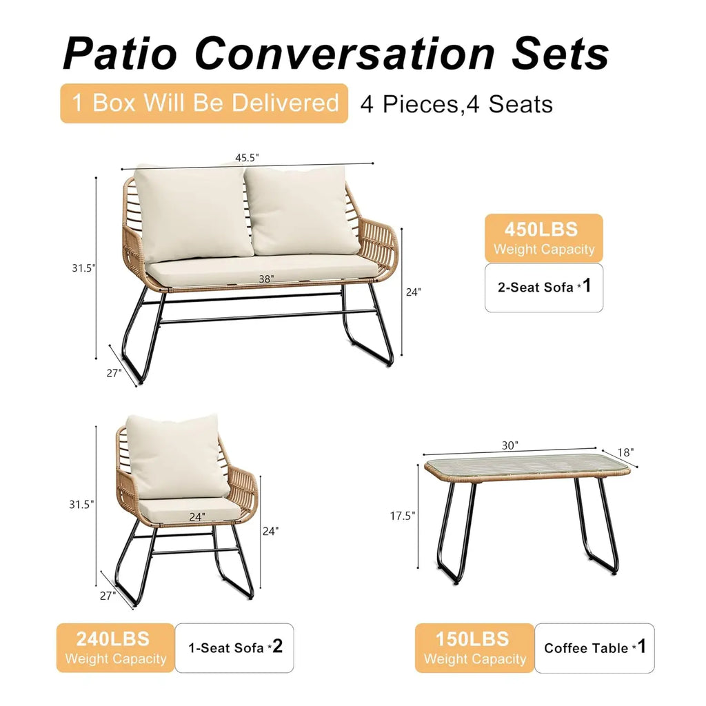 4-Piece Outdoor Patio  Set with Cushions & Tempered Glass Table