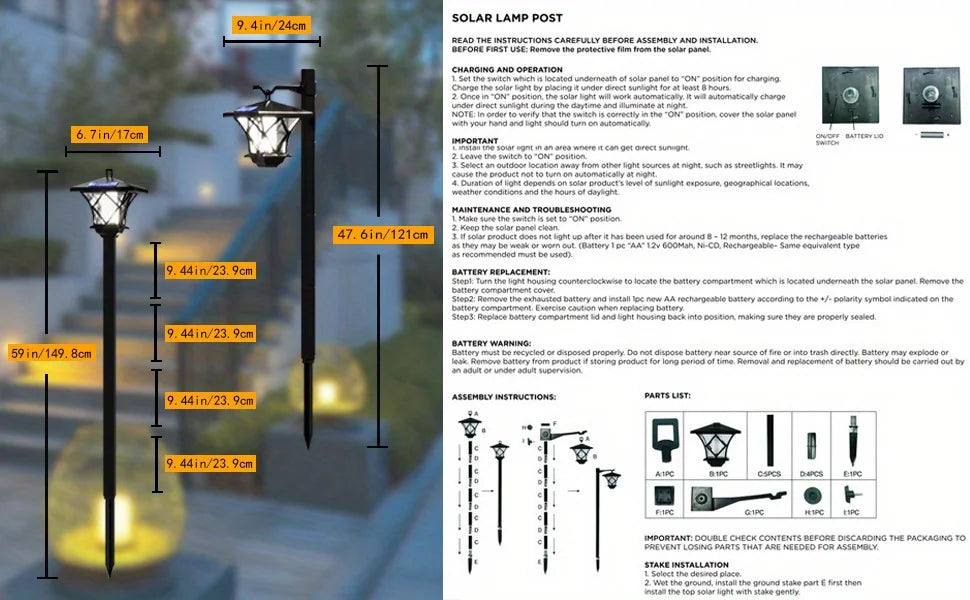 Solar Light Pole Waterproof Lamp Post Vintage Street Lights