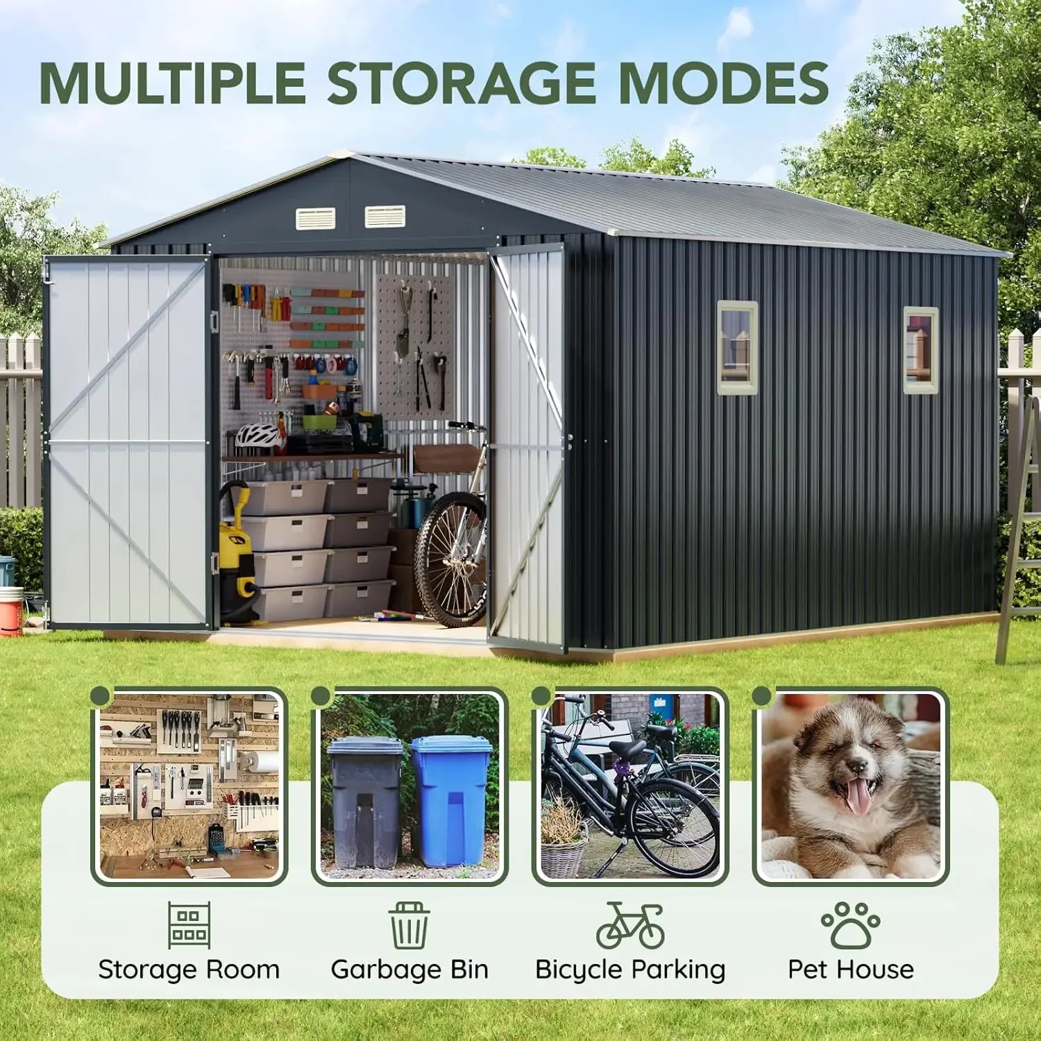 10x10 FT Outdoor Metal Storage Shed, Double Swing Doors