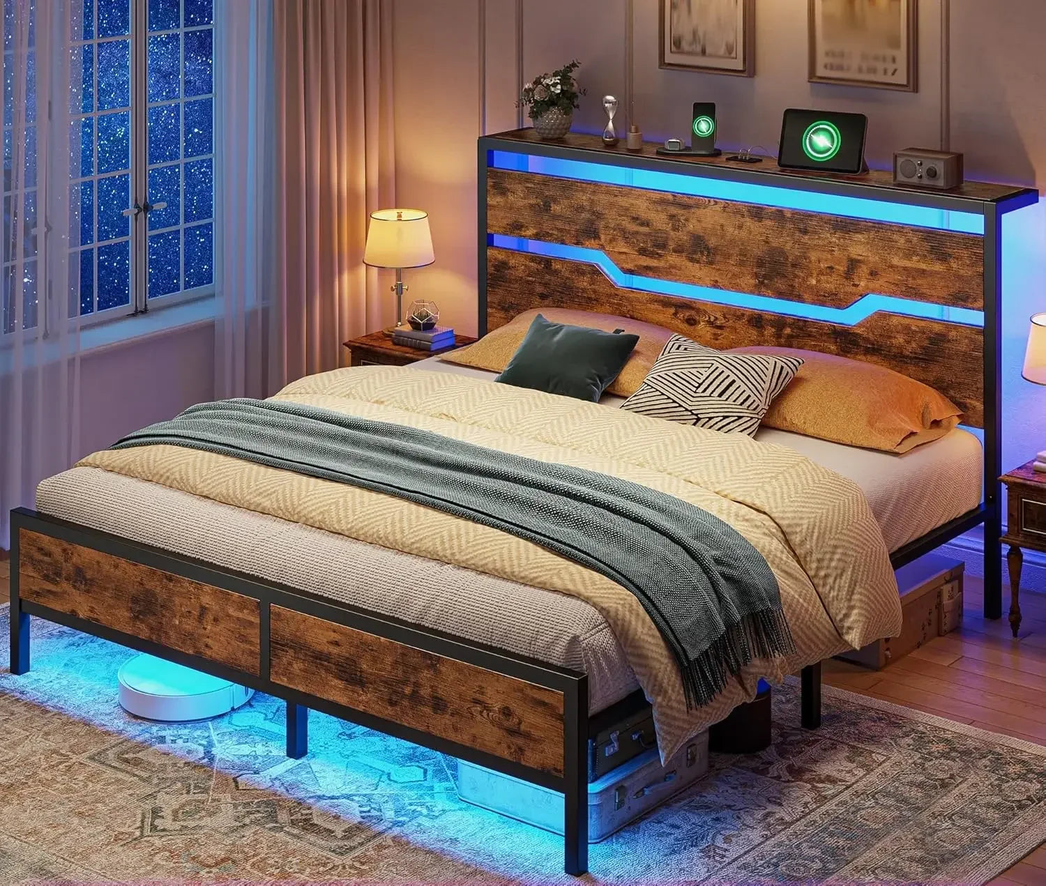 Bed Frame with LED Lights & Charging Station