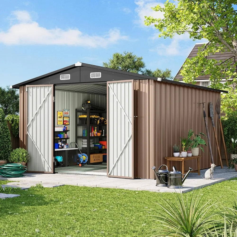 10x12 FT Outdoor Storage Shed with Floor Foundation & Lockable Double Doors