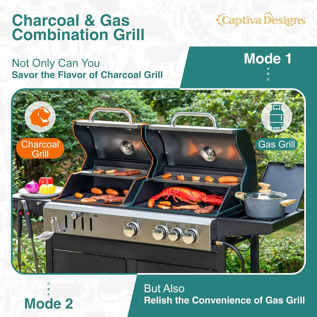Propane Gas Grill and Charcoal Grill Combo with Side Burner
