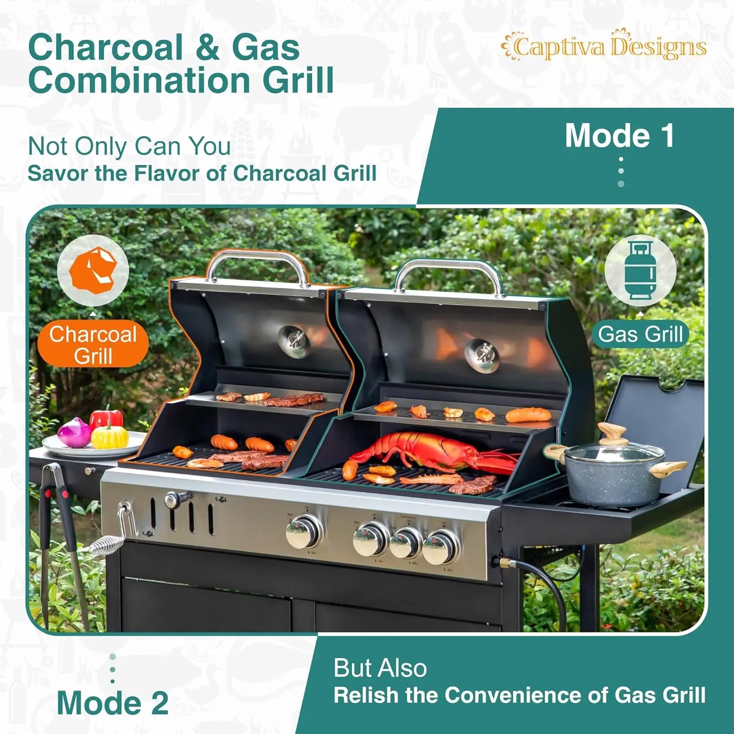 Propane Gas Grill and Charcoal Grill Combo with Side Burner