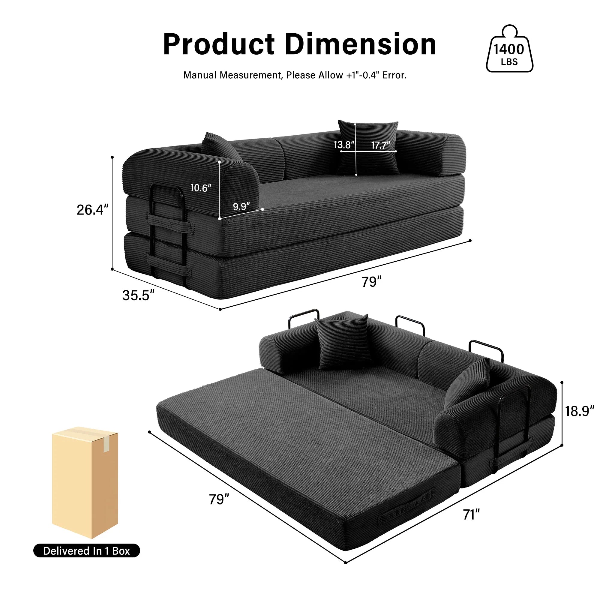 79'' Boneless Couch Foldable Convertible Futon Sleeper Sofa Bed