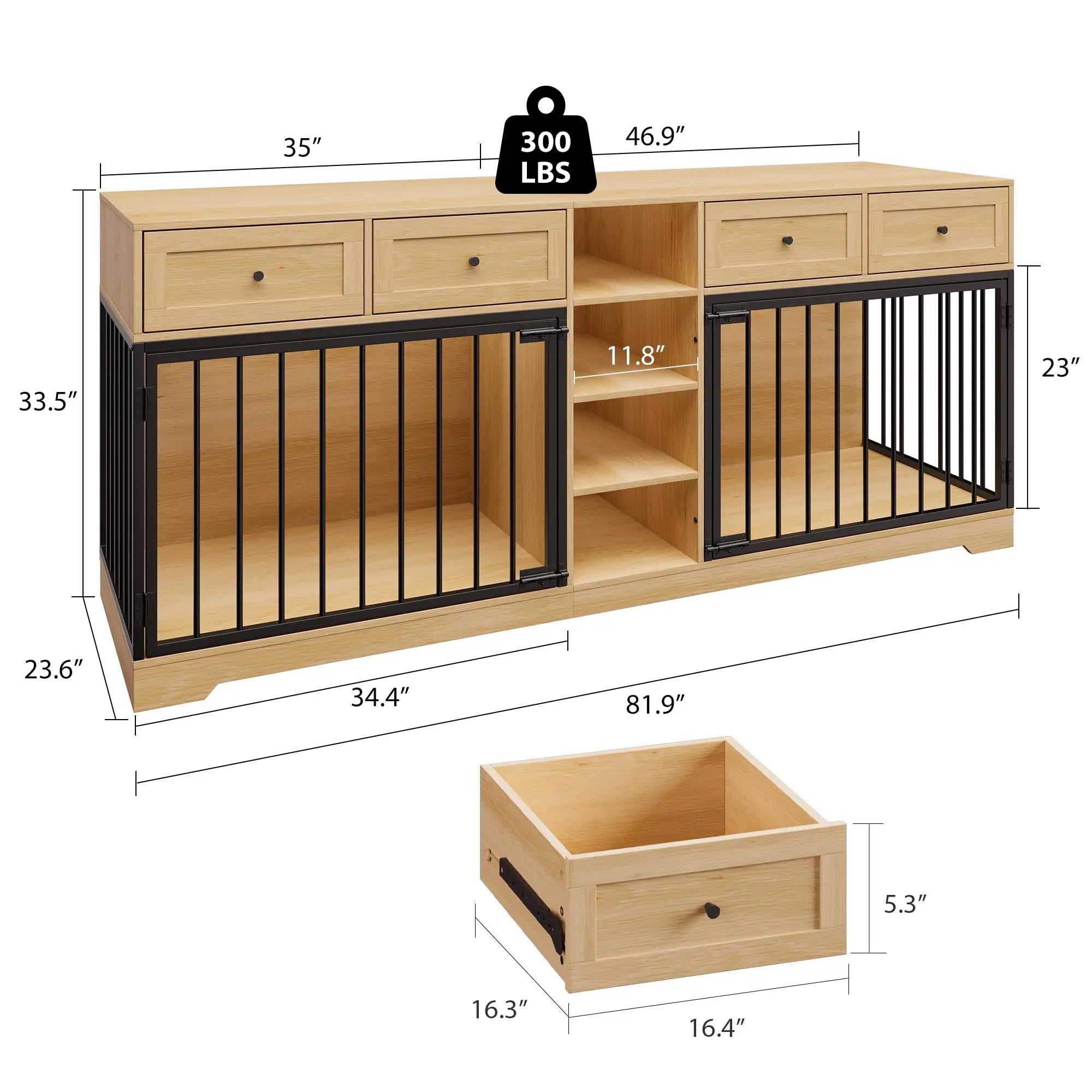 82'' Large Double Dog Crate Furniture TV Stand With 4 Drawers