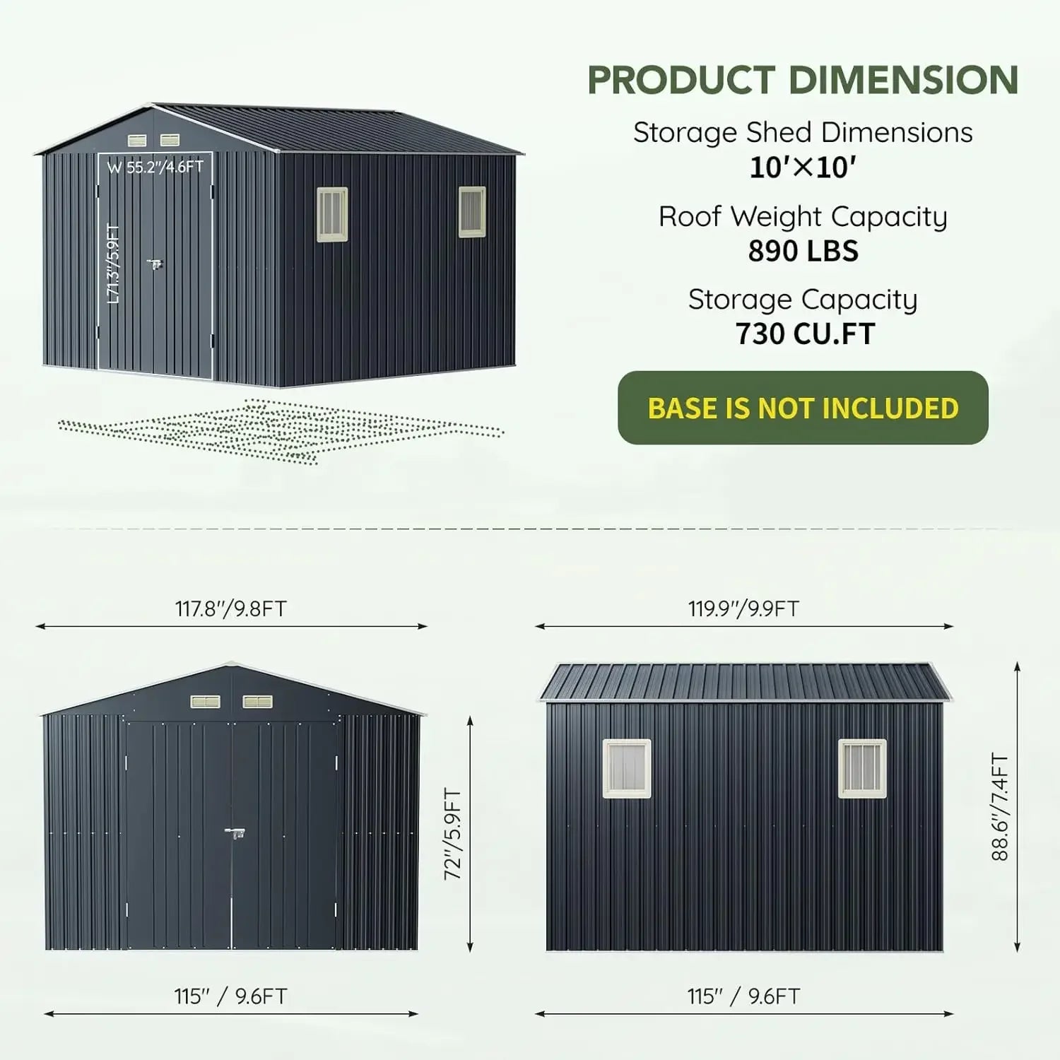 10x10 FT Outdoor Metal Storage Shed, Double Swing Doors