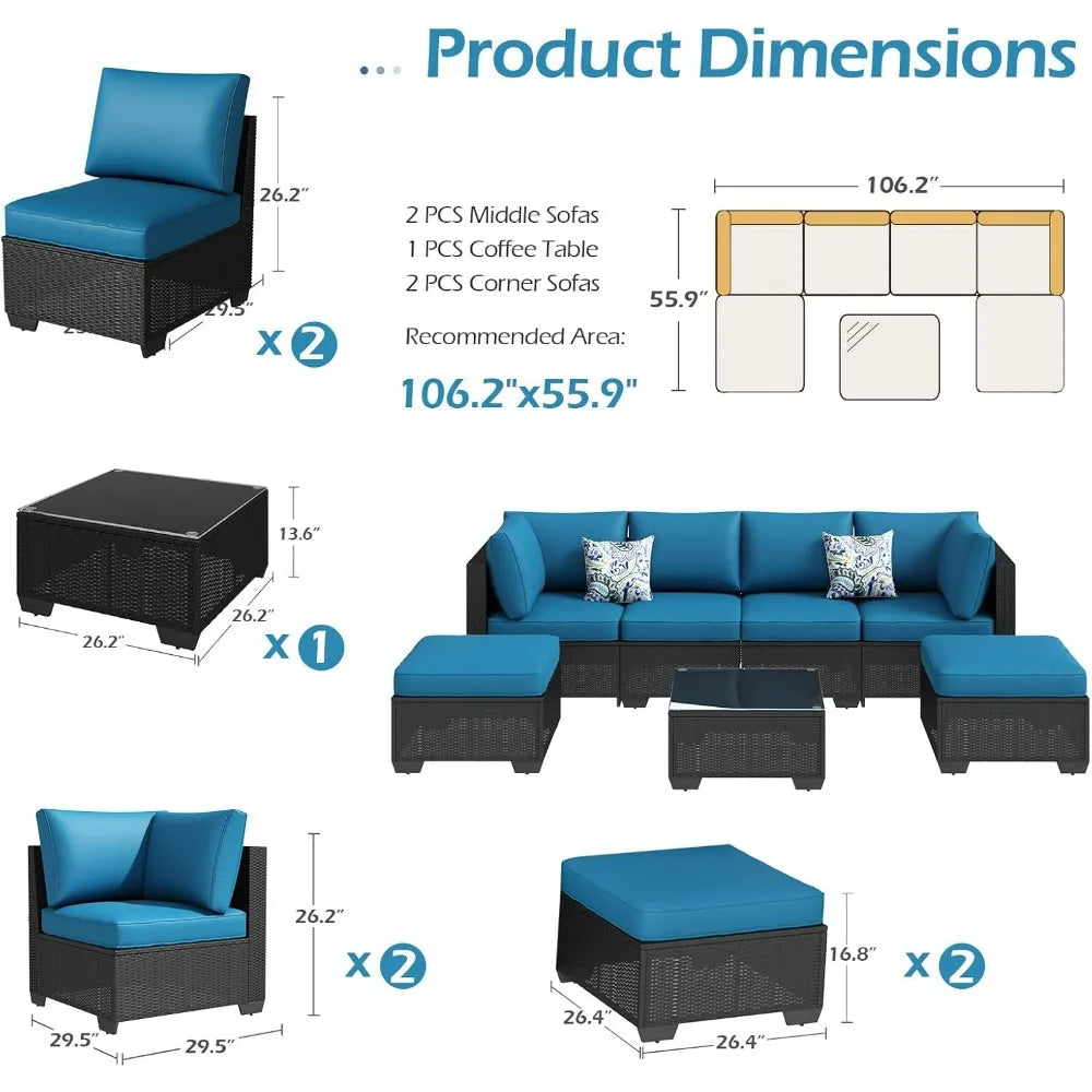 7 Piece Outdoor Patio Furniture Set, Rattan Wicker with Tea Table