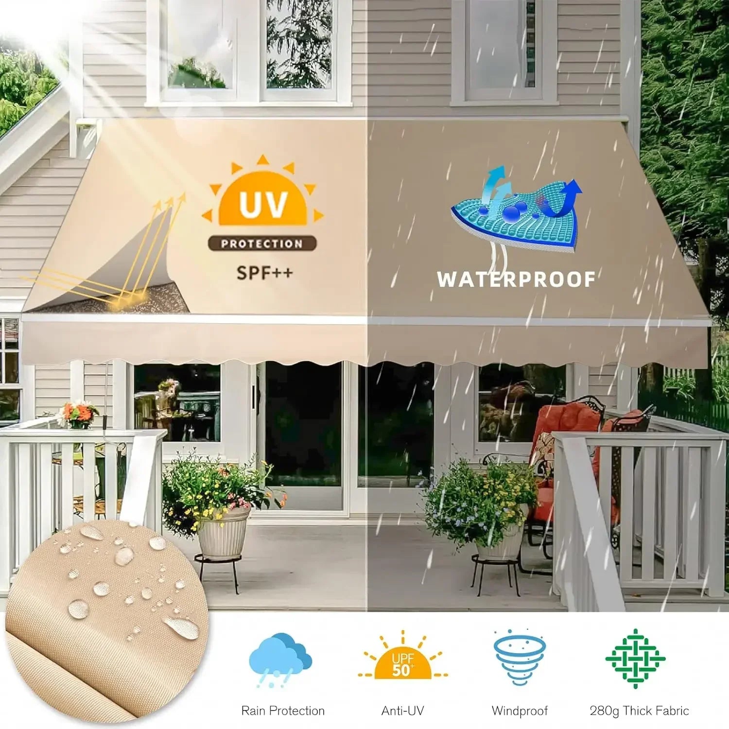 13'×10' Patio Awning Retractable Sun Shade Cover with Manual Crank