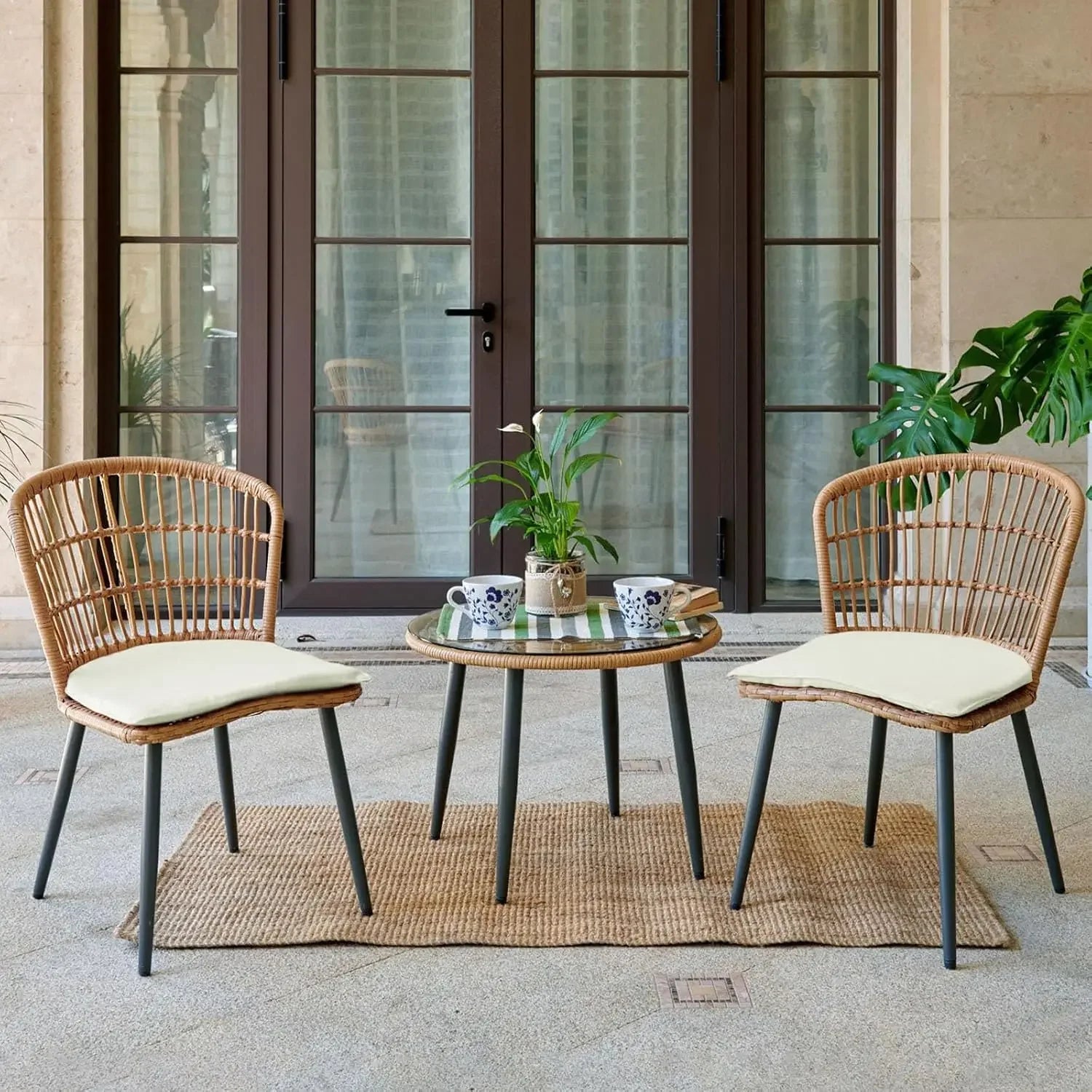 3 Piece Outdoor Wicker Bistro Set, Patio Conversation w/2 Rattan Chairs