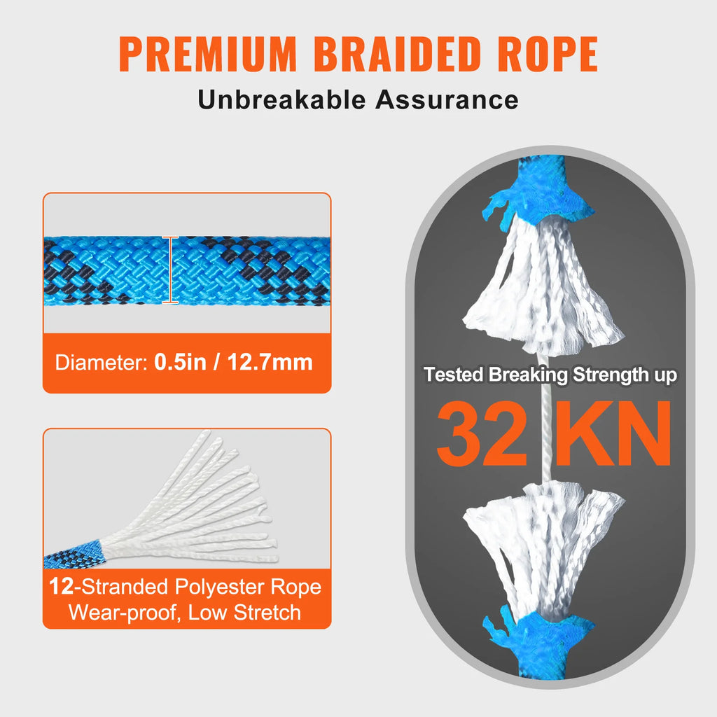 12.7mm Static Climbing Rope 200ft Outdoor with Steel Snap Hooks