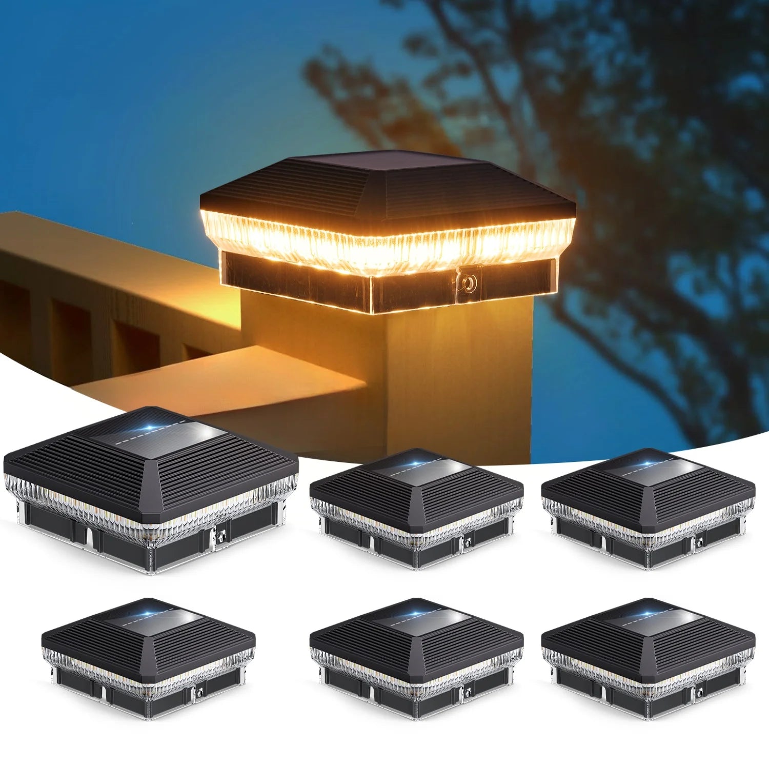 6 Pack 4x4 LED Solar Post Lights Outdoor 3 Modes
