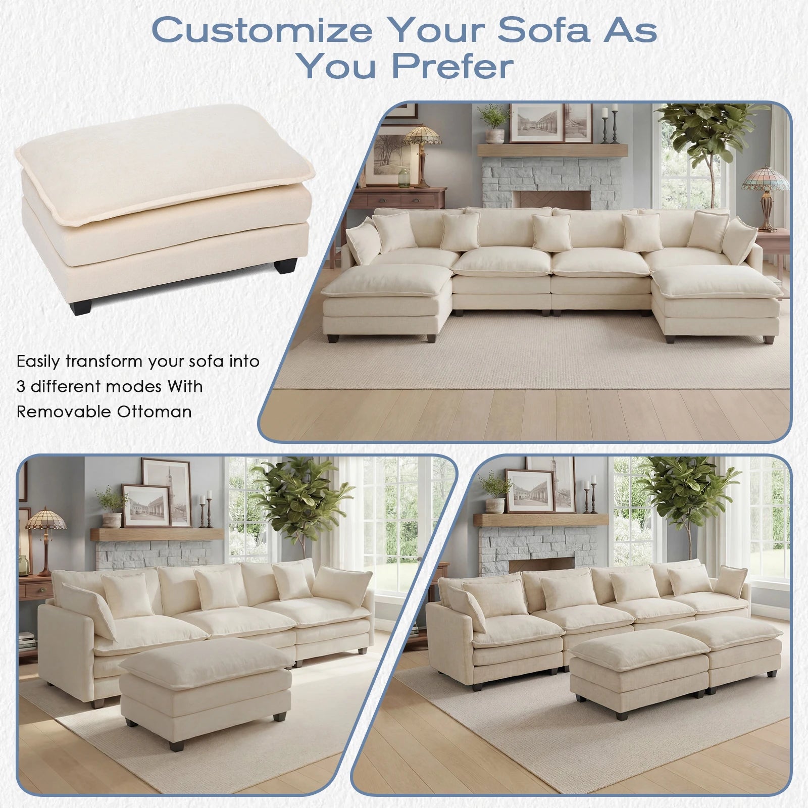Modular Sectional Sofa with Ottoman, Comfy Cloud Couch