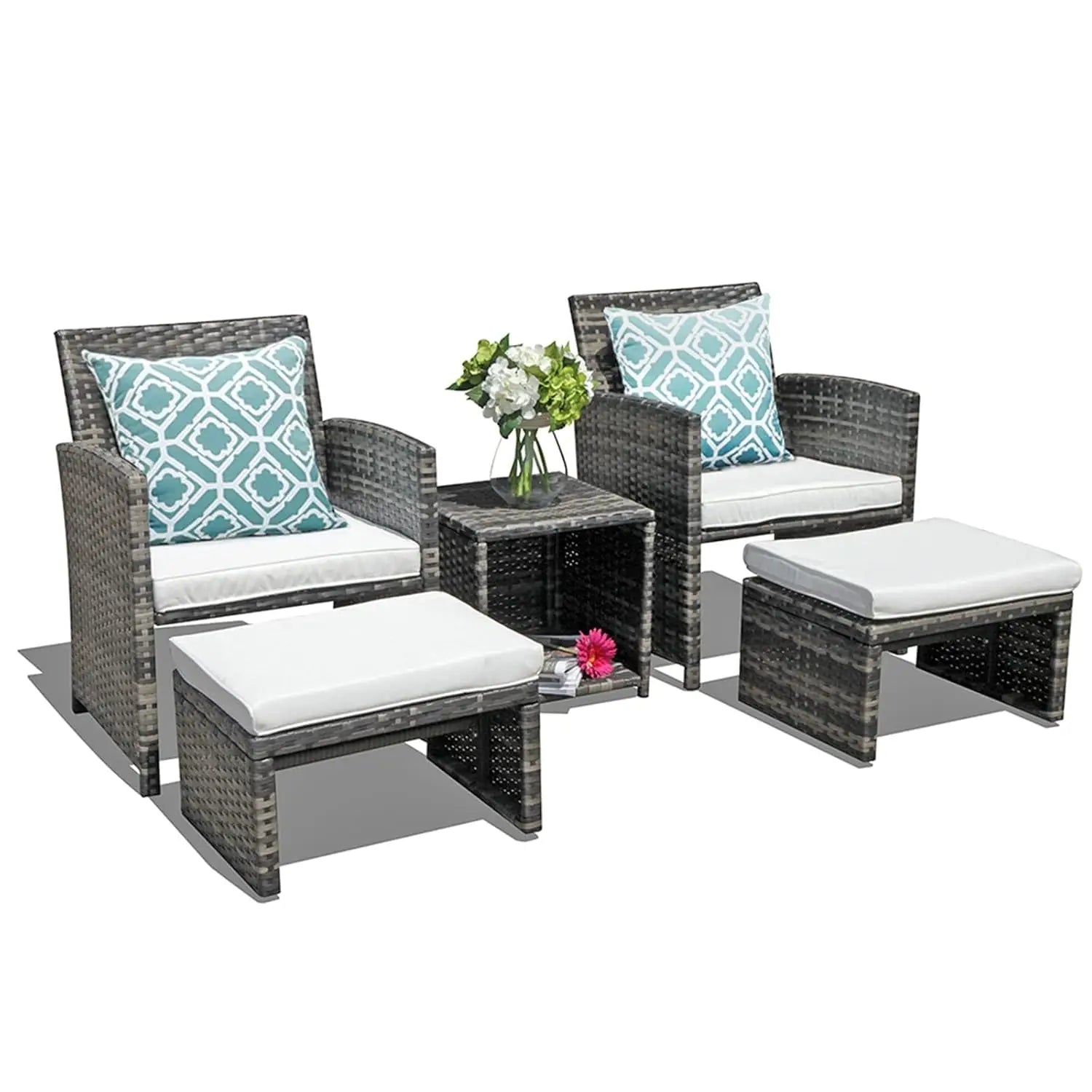 5 Piece Patio Set, Wicker Outdoor Conversation Chair and Ottoman