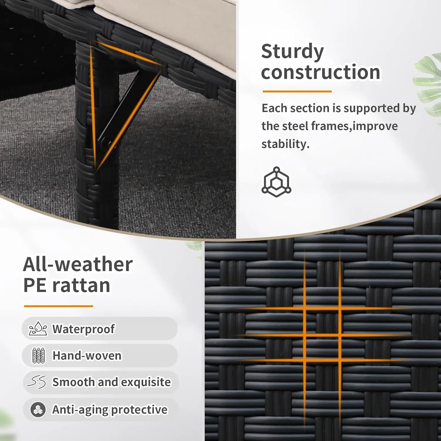 3-Piece Outdoor Rattan Patio Furniture Set, Khaki Cushion