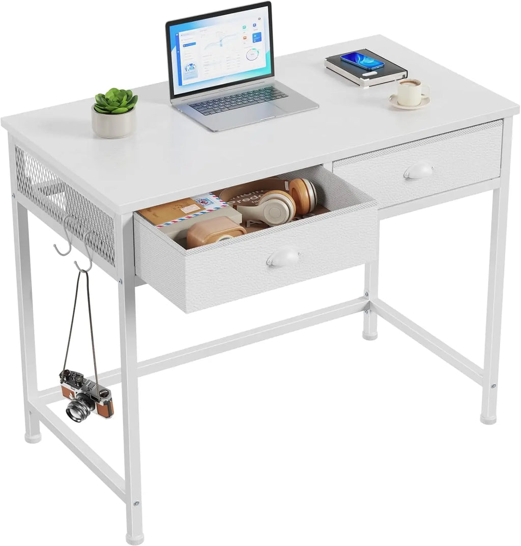 Small White Computer Desk with 2 Fabric Drawers