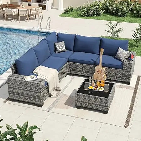 7 Pieces Patio Furniture Set with 44” Fire Pit Table Wicker Rattan