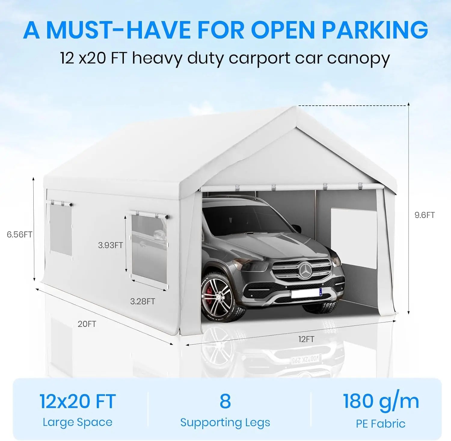 12x20 Heavy Duty Portable Garage Carport Canopy with Roll-Up Windows