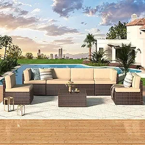 7 Piece Outdoor Patio Furniture Set, Rattan Wicker with Tea Table