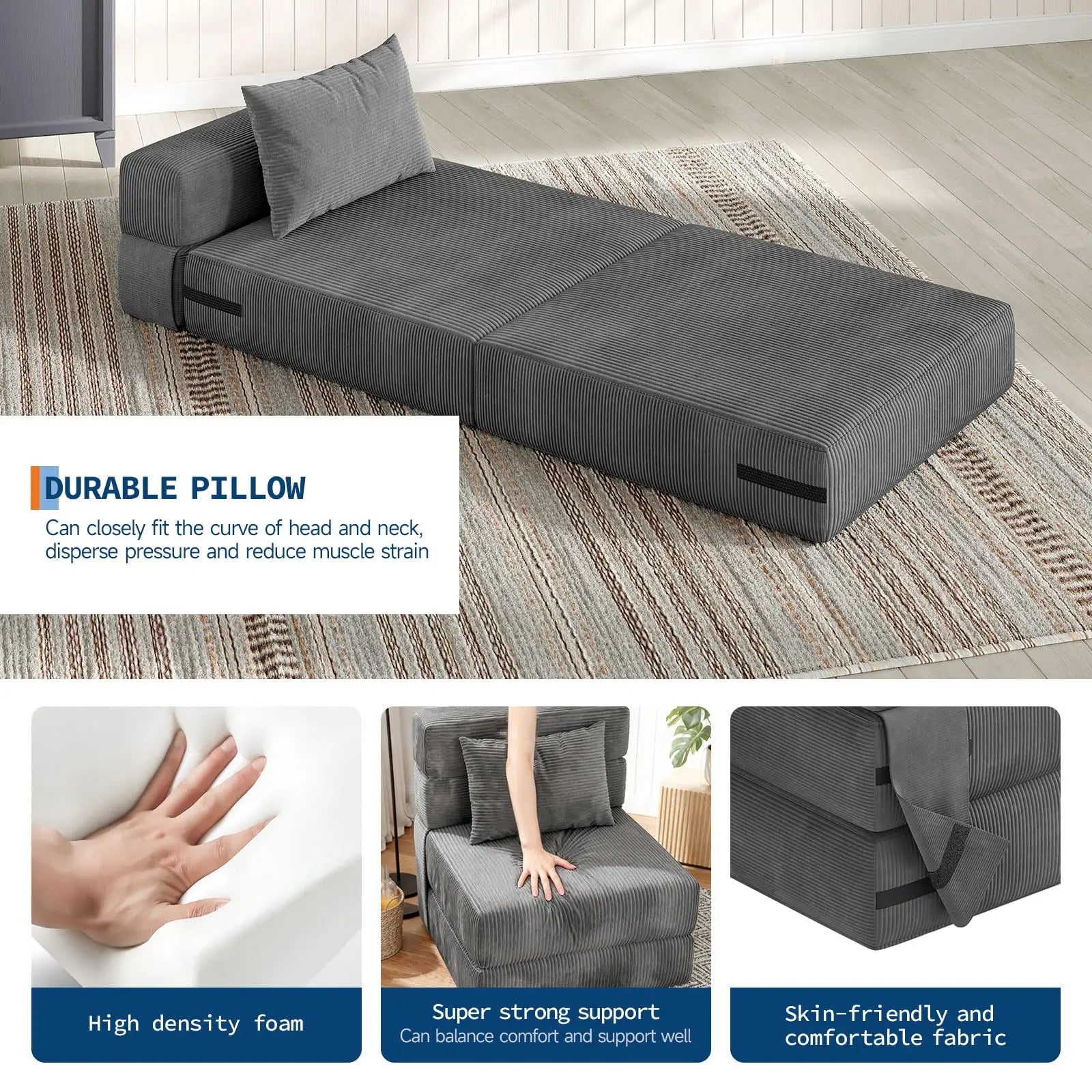 4-in-1 Folding Sofa Bed Convertible Sleeper Soft Corduroy Loveseat Couch With Pillow Space-Saving Fold Out Chair Bed For Room