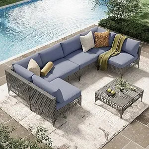 7 Piece Outdoor Patio Furniture Set, Rattan Wicker with Tea Table