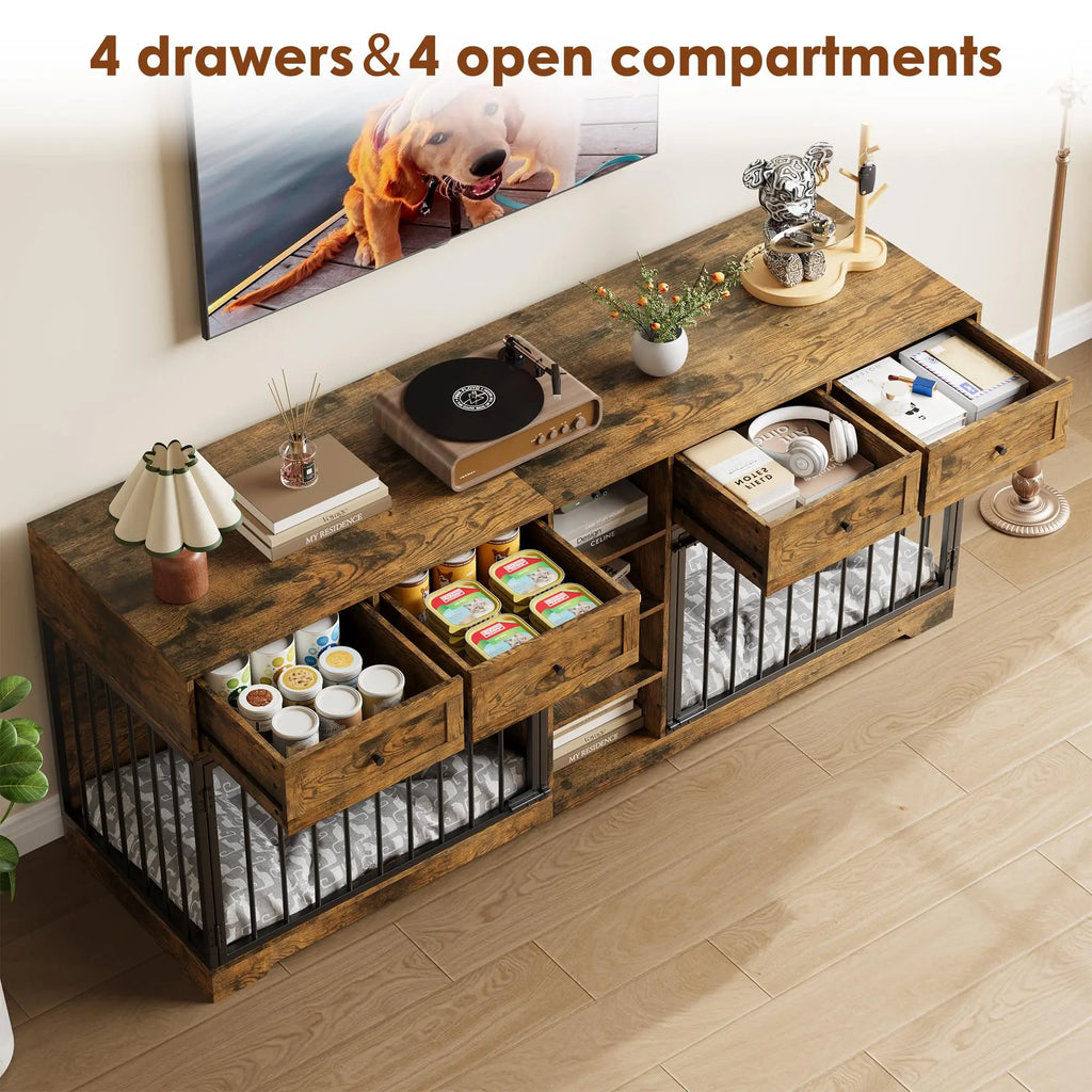 82'' Large Double Dog Crate Furniture TV Stand With 4 Drawers