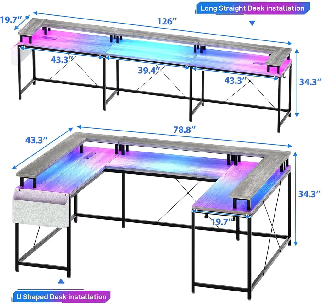 U Shaped Gaming Desk with Monitor Stand Storage Shelves