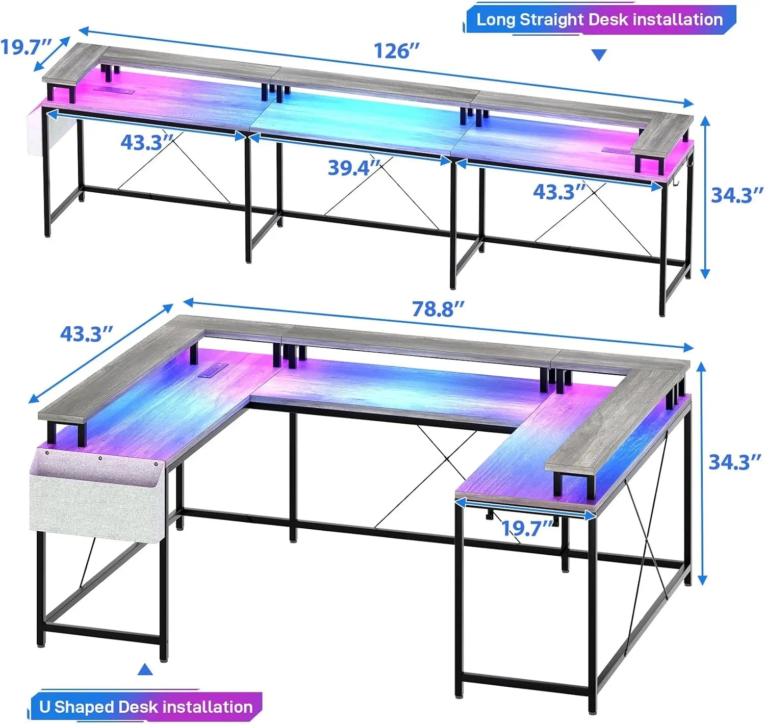 U Shaped Gaming Desk with Monitor Stand Storage Shelves