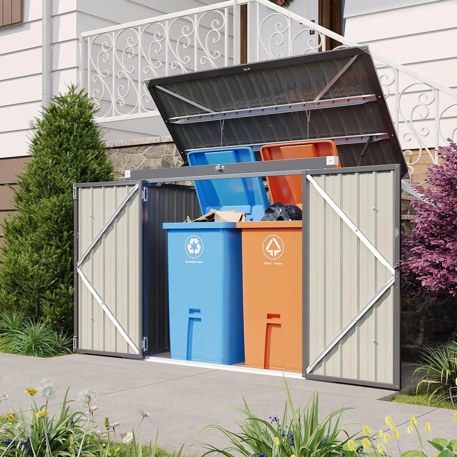 80 cu ft Metal Storage Shed with Garbage Can Organizer for 2 Bins