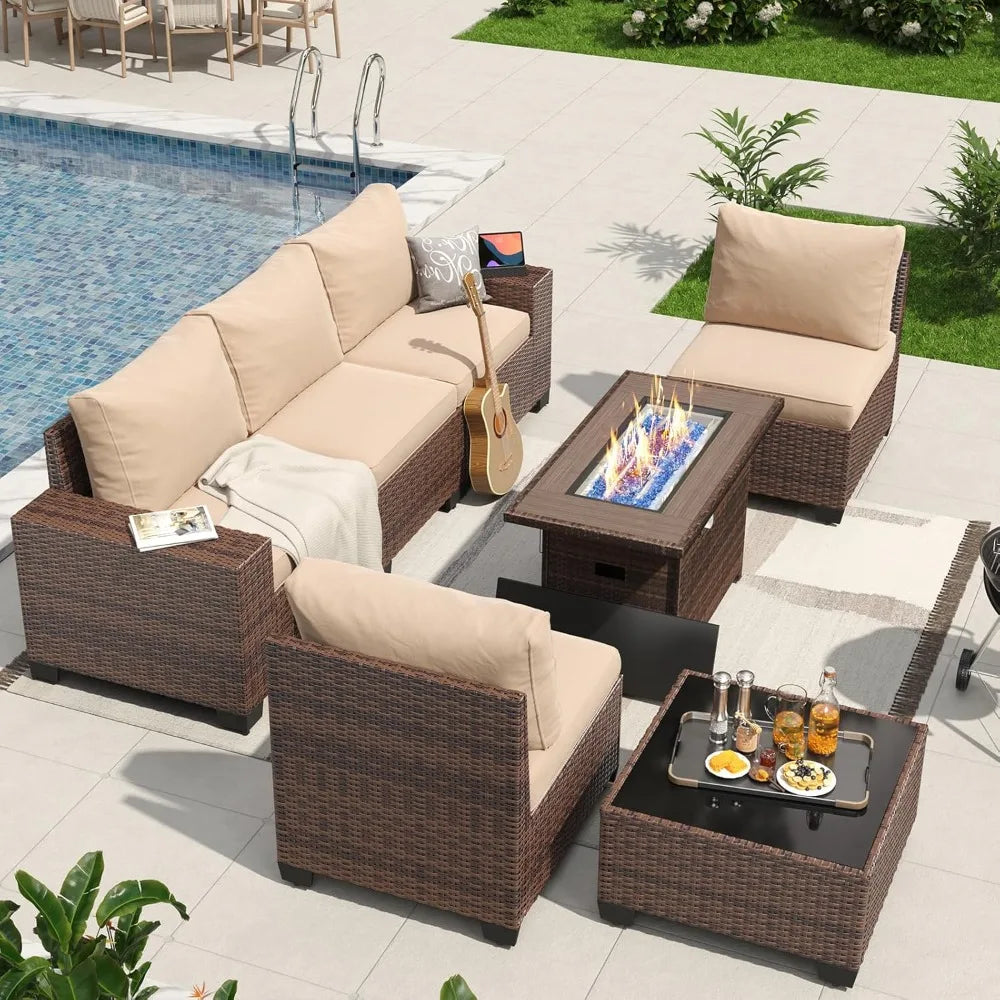 7 Pieces Patio Furniture Set with 44” Fire Pit Table Wicker Rattan