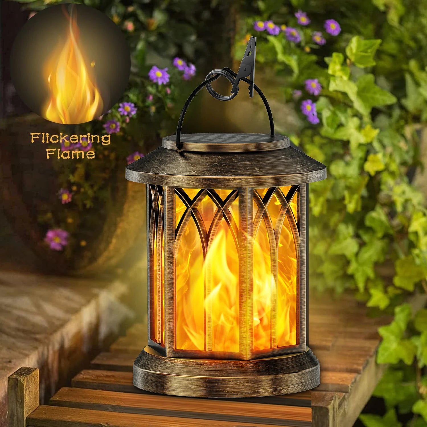 2 Pack Upgraded Flickering Flame Solar Outdoor Lanterns Bronze/Black