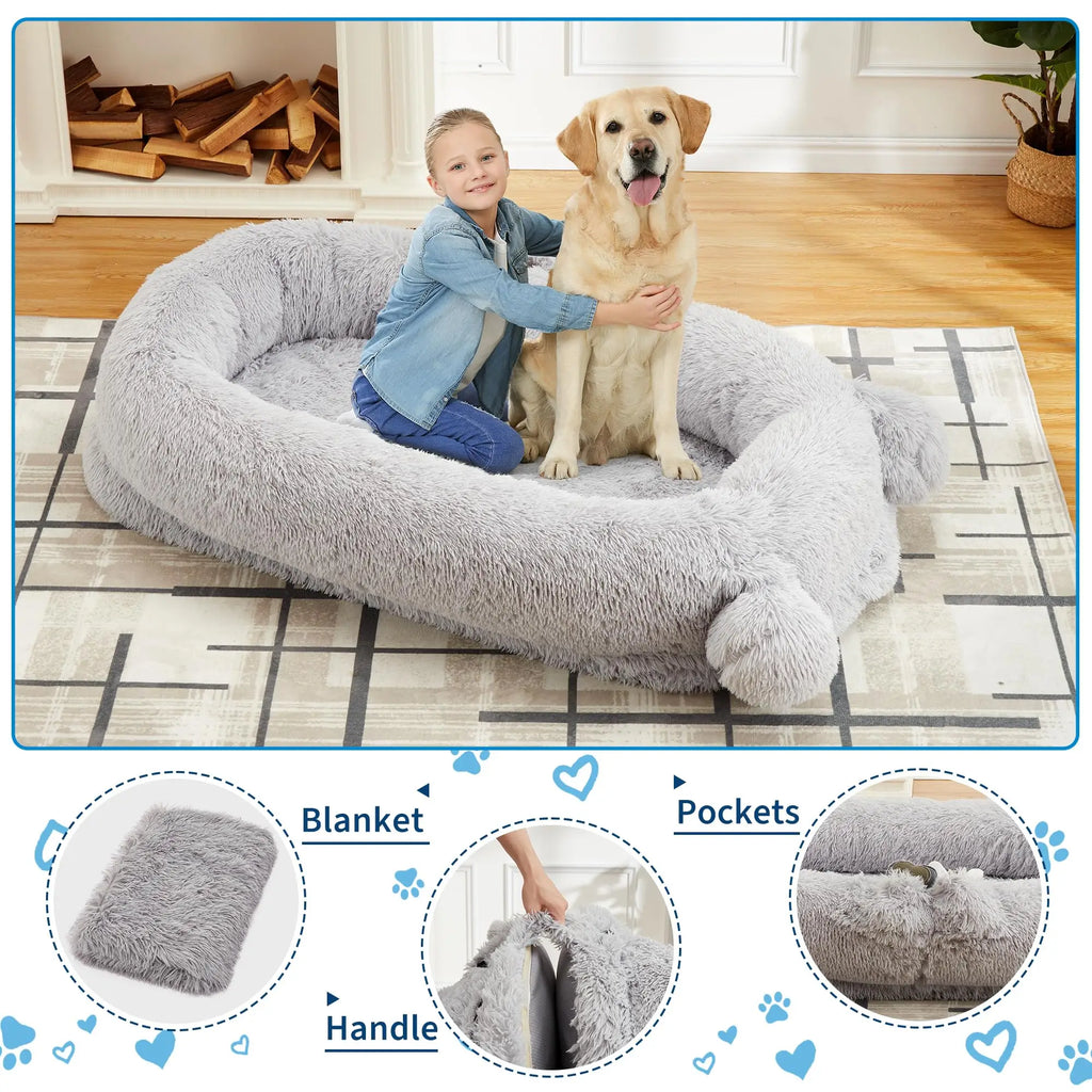 71" Large Human Size Dog Bed For Adults & Pets Removable Washable Cover Storage Pockets & Matching Blanket For Napping
