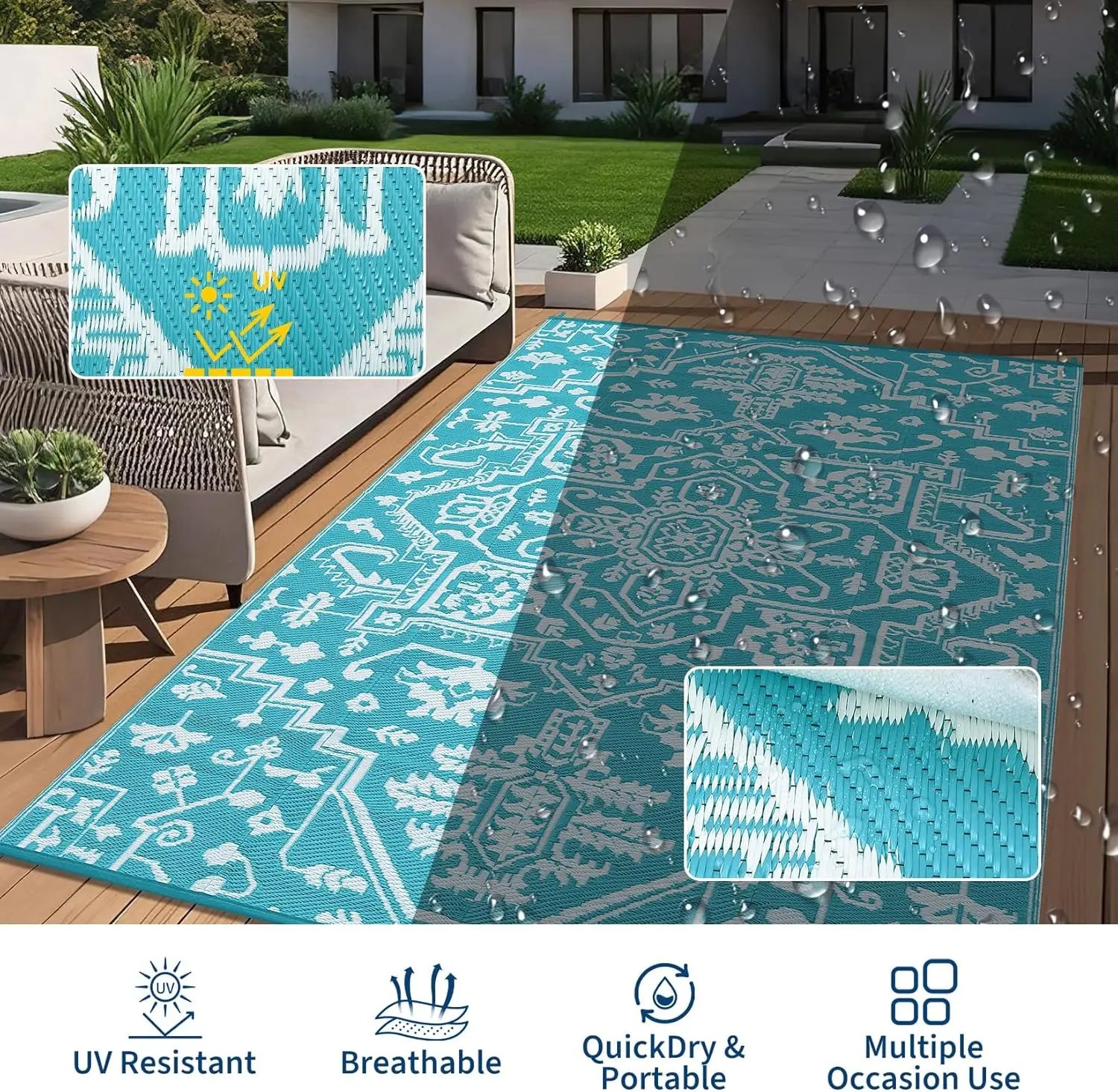 Waterproof Outdoor Area Rug Stain-Resistant Plastic Straw Carpet