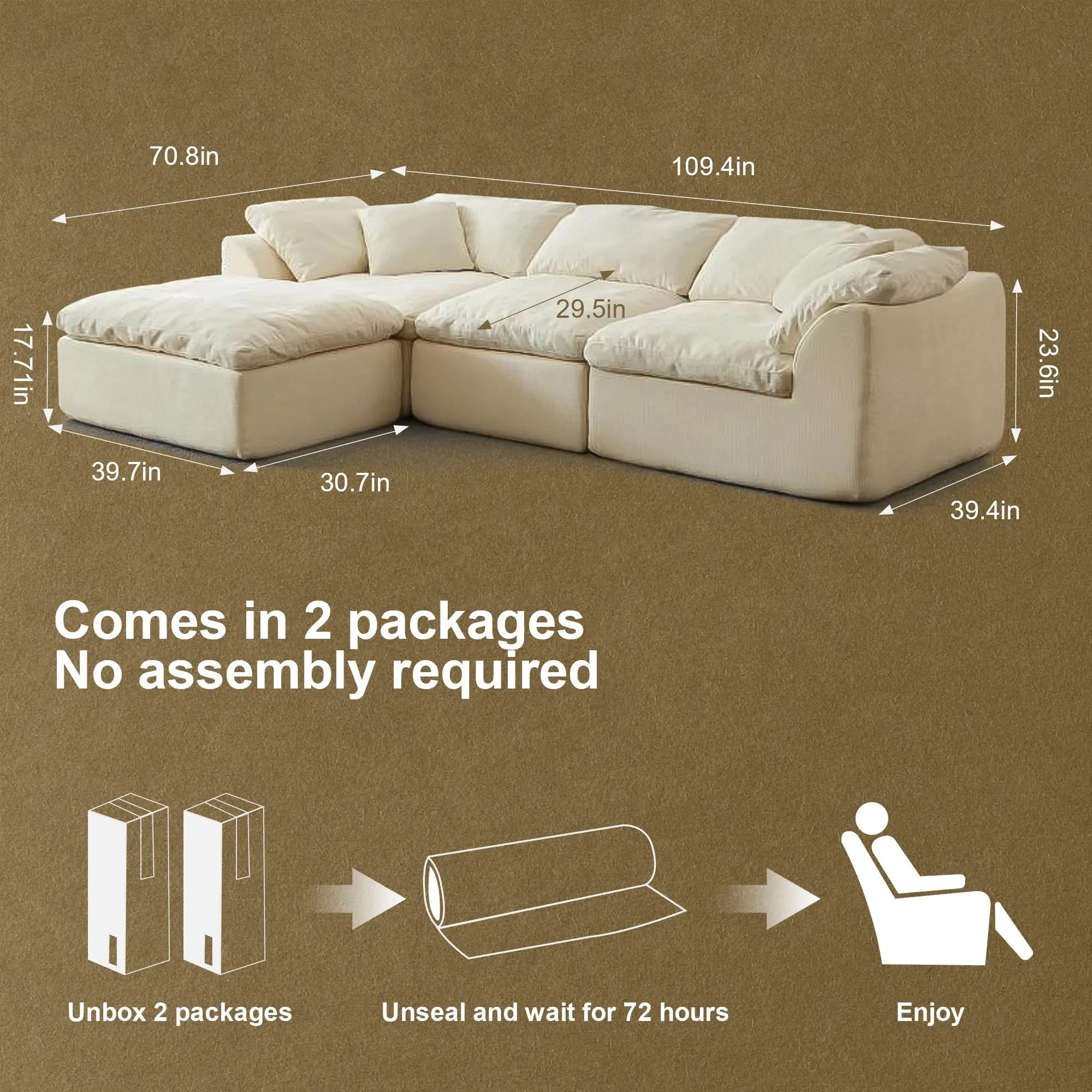 109" Modern Cloud L-Shaped 3-Seater Oversized Deep Seat Sofa