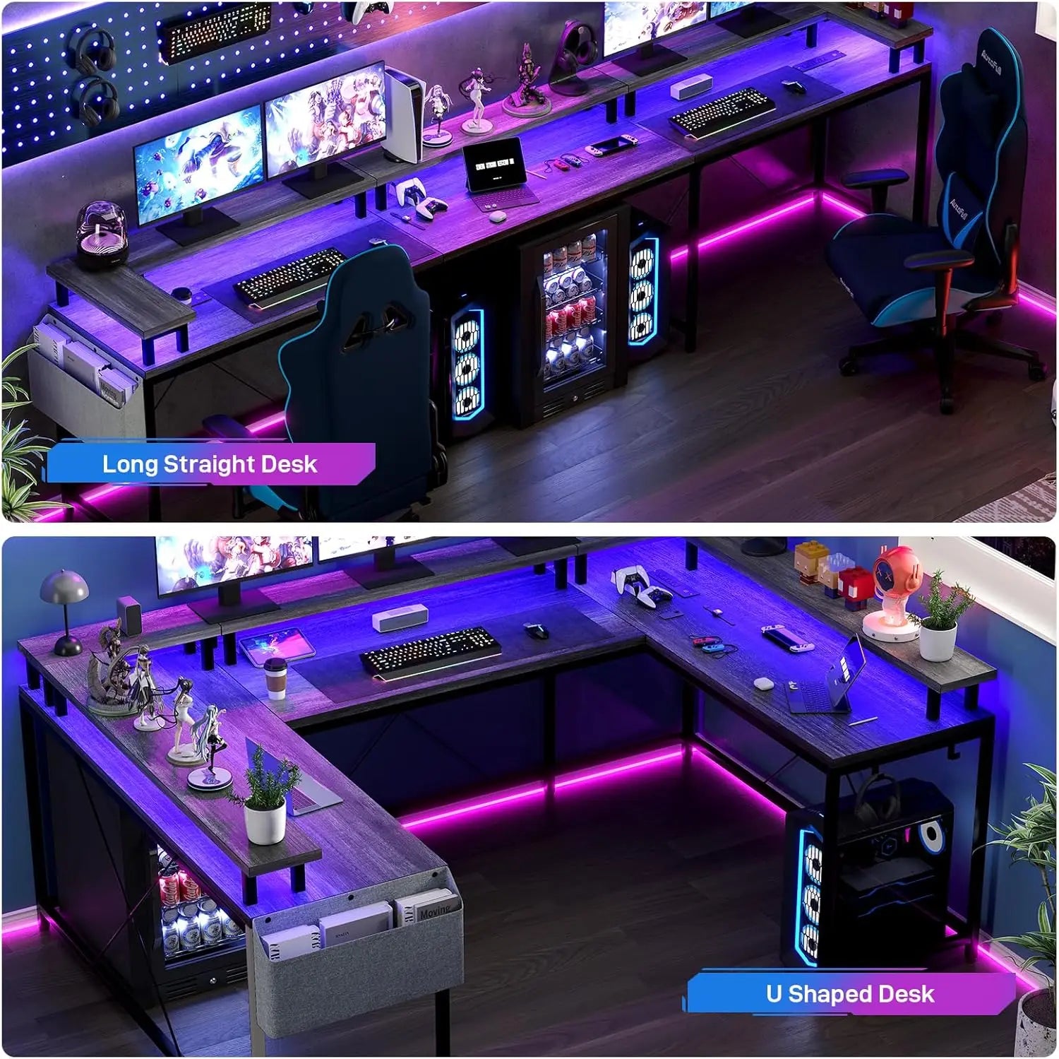 U Shaped Gaming Desk with Monitor Stand Storage Shelves