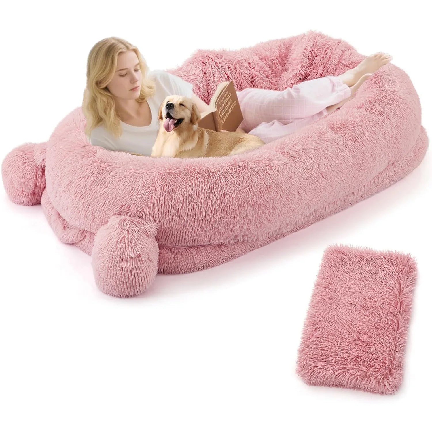 71" Large Human Size Dog Bed For Adults & Pets Removable Washable Cover Storage Pockets & Matching Blanket For Napping
