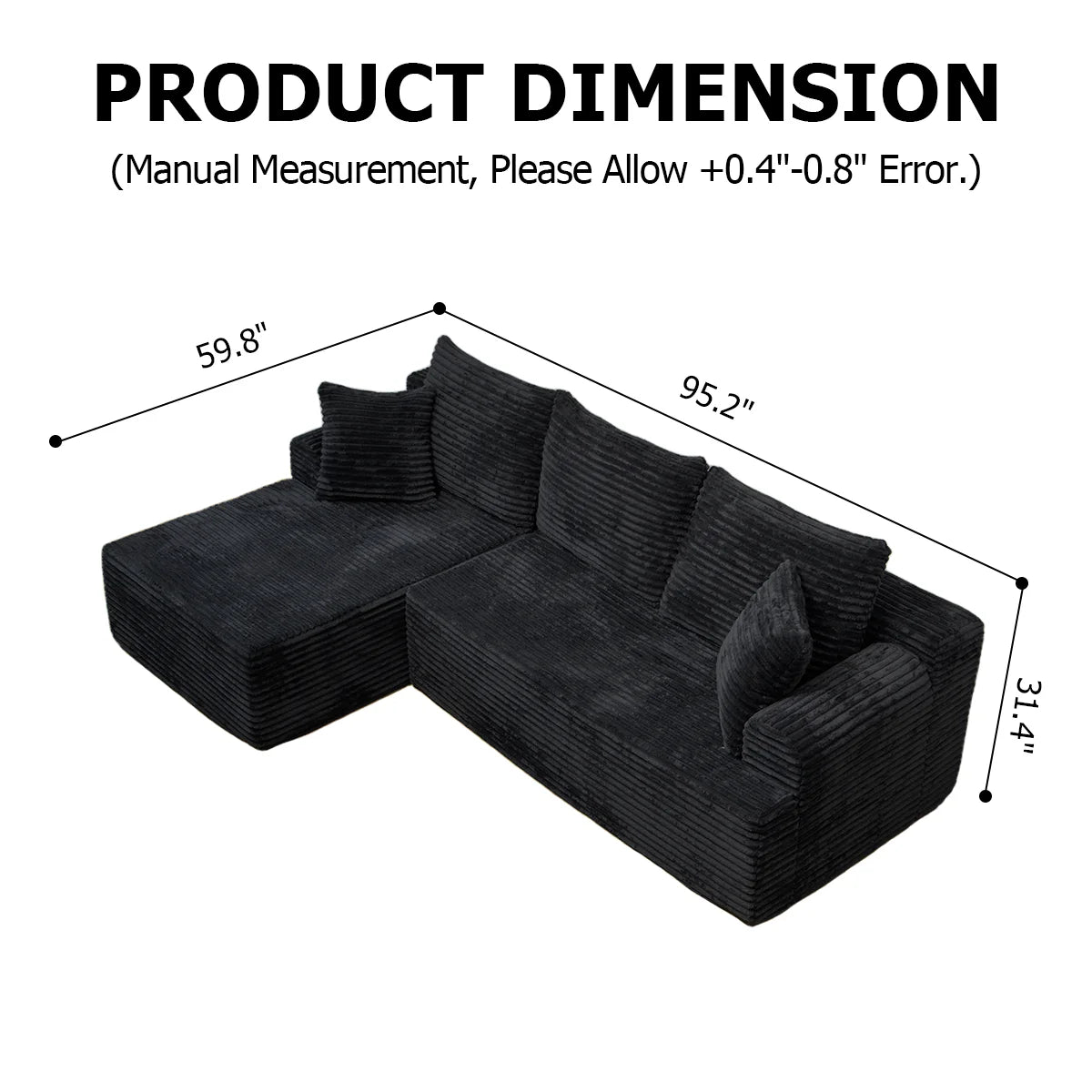 95" L-Shaped Sofa Chaise Rabbit Fleece Upholstery